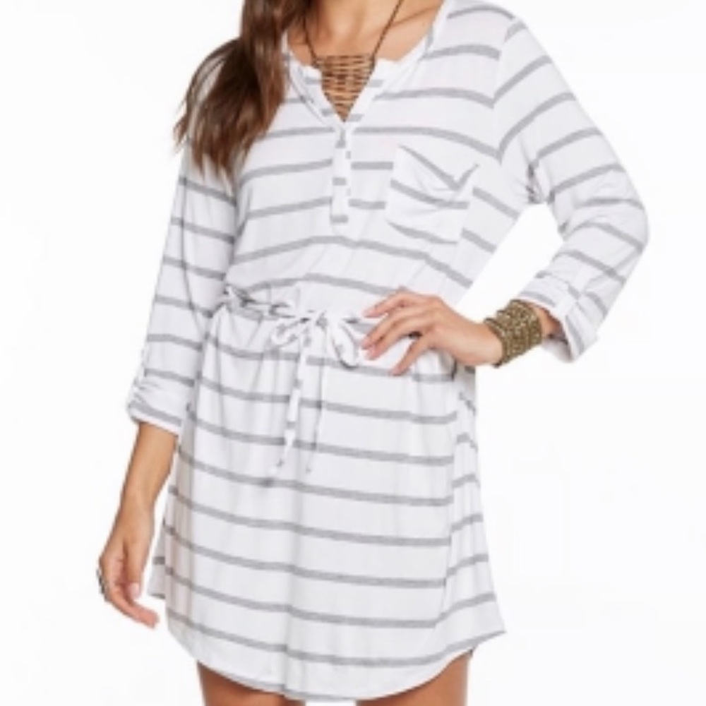 🟠NWT CHASER Casual Jersey Belted Shirttail Dress in Gray/White Stripe LARGE